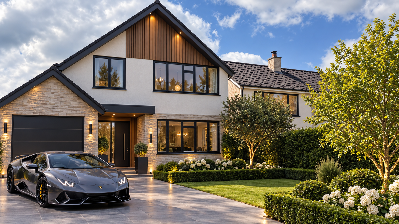 Modern detached house with a sports car shown as an example No Agent property listing
